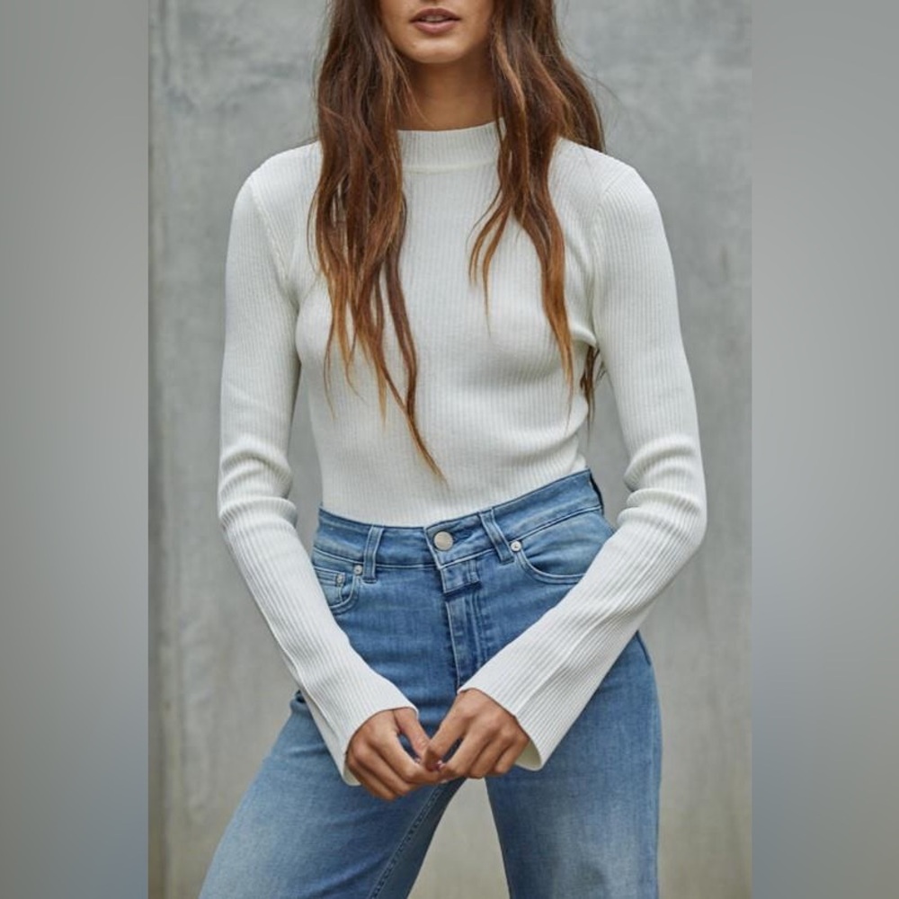 LIKE NEW By Together Ribbed Mock Neck Sweater w/ Flare Sleeves in Ivory Size S